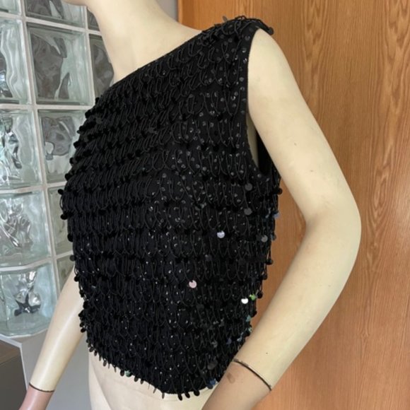 DAZZLING Vintage SLEEVELESS BLACK KNIT, SEQUINS & SEED BEADS Quality Workmanship - Picture 2 of 11